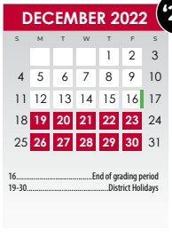 District School Academic Calendar for Country Place Elementary for December 2022