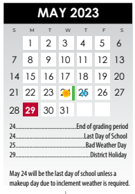 District School Academic Calendar for Huie Special Educ Ctr for May 2023