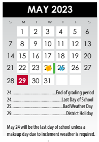 District School Academic Calendar for Kelly Pre-kindergarten Center for May 2023