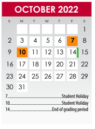 District School Academic Calendar for Early College High School for October 2022
