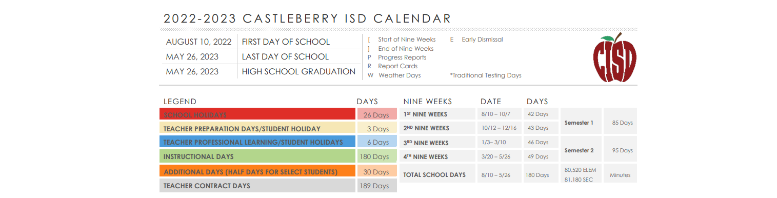 District School Academic Calendar Key for Tarrant Co J J A E P