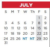 District School Academic Calendar for Ninth Grade Center for July 2022