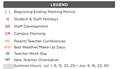 District School Academic Calendar Legend for Ninth Grade Center