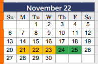 District School Academic Calendar for Collin Co J J A E P for November 2022