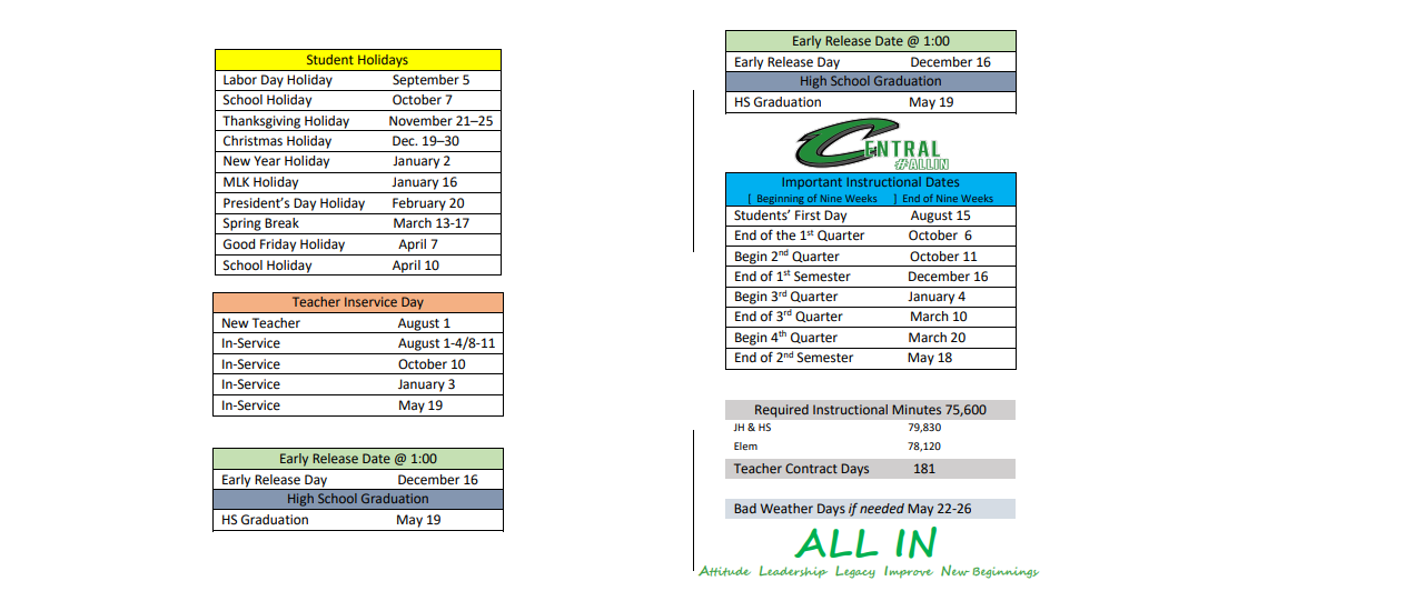 District School Academic Calendar Key for Central Junior High