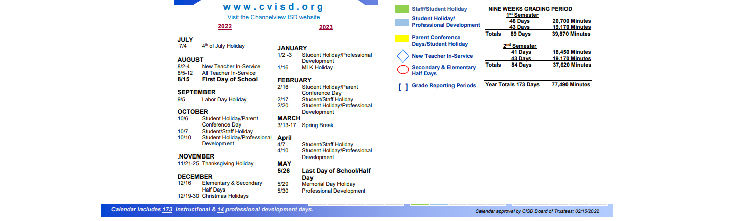Channelview High School - School District Instructional Calendar