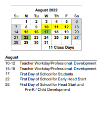 District School Academic Calendar for Oakland Elem for August 2022