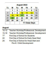 District School Academic Calendar for Hunley Park Elem for August 2022