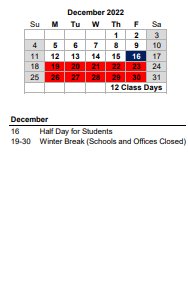 District School Academic Calendar for East Cooper Montessori School (charter) for December 2022