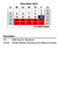 District School Academic Calendar for St James-santee Elem for December 2022