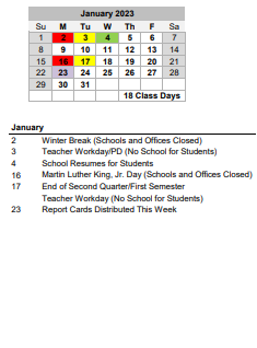 District School Academic Calendar for Greg Mathis High School (charter) for January 2023