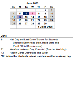 District School Academic Calendar for Hunley Park Elem for June 2023