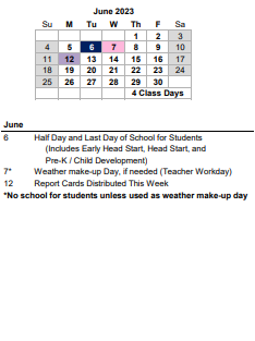 District School Academic Calendar for Jane Edwards El for June 2023