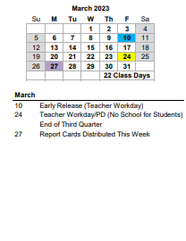 District School Academic Calendar for Mt Pleasant Academy for March 2023