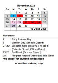 District School Academic Calendar for N Charleston High for November 2022