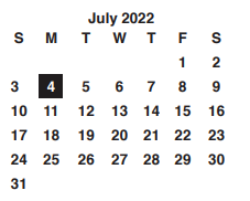 District School Academic Calendar for J H Gunn Elementary for July 2022
