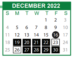 District School Academic Calendar for Oglethorpe Academy for December 2022