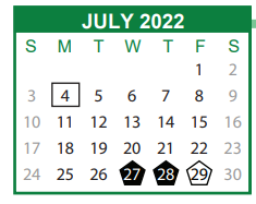 District School Academic Calendar for Bartlett Middle School for July 2022