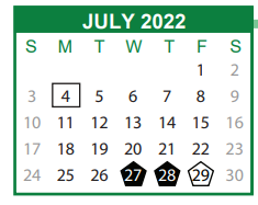 District School Academic Calendar for Bloomingdale Elementary School for July 2022