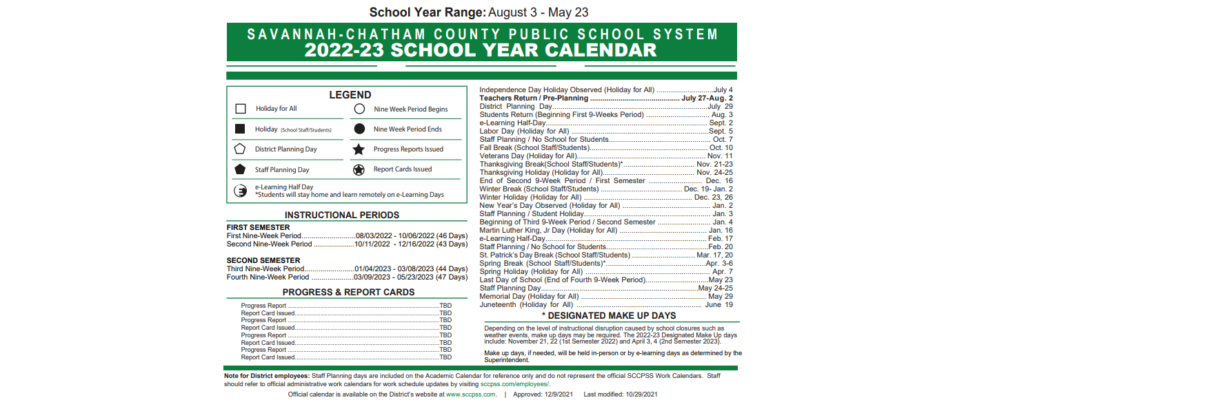 District School Academic Calendar Key for Tapp Program