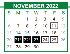 District School Academic Calendar for East Broad Street Elementary School for November 2022
