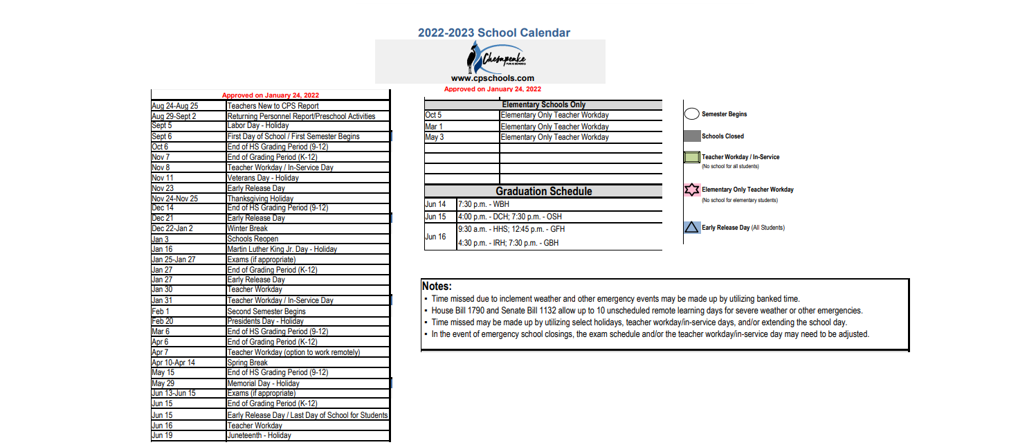 District School Academic Calendar Key for Great Bridge Middle