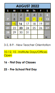 District School Academic Calendar for Spring Trail Elementary School for August 2022