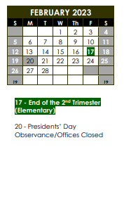 District School Academic Calendar for Hawk Hollow Elem School for February 2023