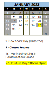 District School Academic Calendar for Independence Preschool for January 2023
