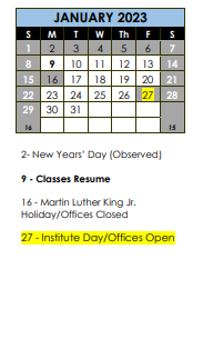 District School Academic Calendar for Washington Elem School for January 2023