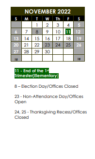 District School Academic Calendar for Heritage Elem School for November 2022