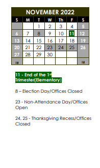 District School Academic Calendar for Ridge Circle Elem School for November 2022