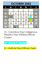 District School Academic Calendar for Independence Preschool for October 2022