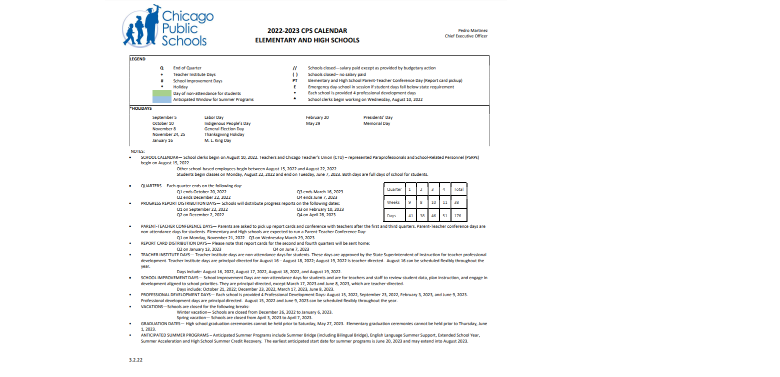 District School Academic Calendar Key for Lindblom College Prep H S