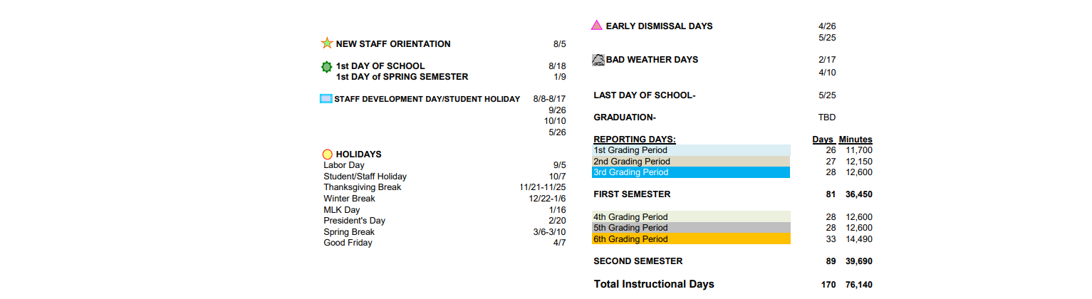 District School Academic Calendar Key for China Spring H S