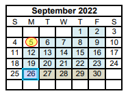 District School Academic Calendar for China Spring H S for September 2022