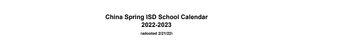 District School Academic Calendar for China Spring Middle