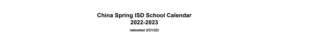 District School Academic Calendar for China Spring Intermediate