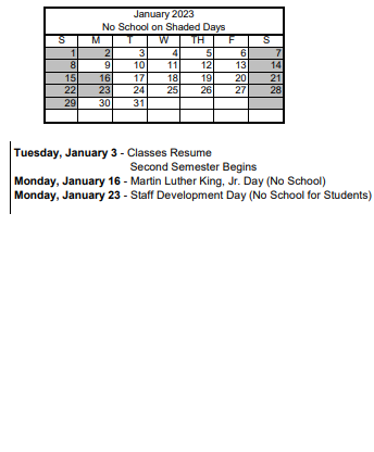 District School Academic Calendar for Quannah Mccall Elementary School for January 2023