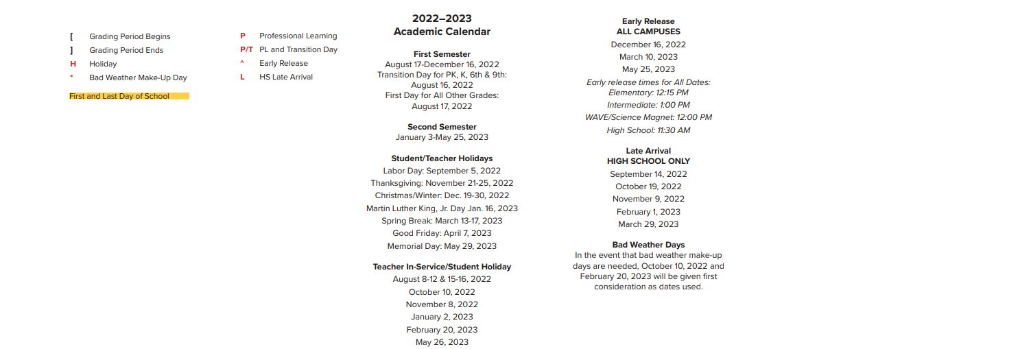 District School Academic Calendar Key for Art And Pat Goforth Elementary Sch