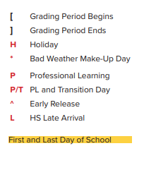 District School Academic Calendar Legend for Falcon Pass Elementary