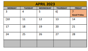 District School Academic Calendar for Irving Elementary for April 2023