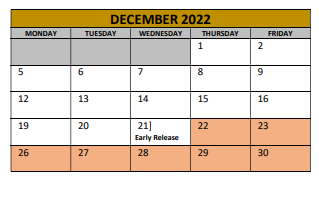District School Academic Calendar for Irving Elementary for December 2022