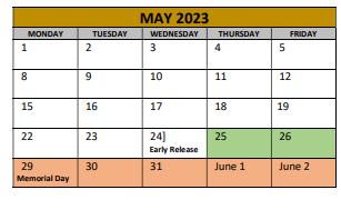District School Academic Calendar for Irving Elementary for May 2023