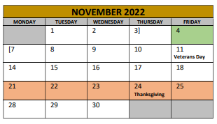 District School Academic Calendar for Irving Elementary for November 2022