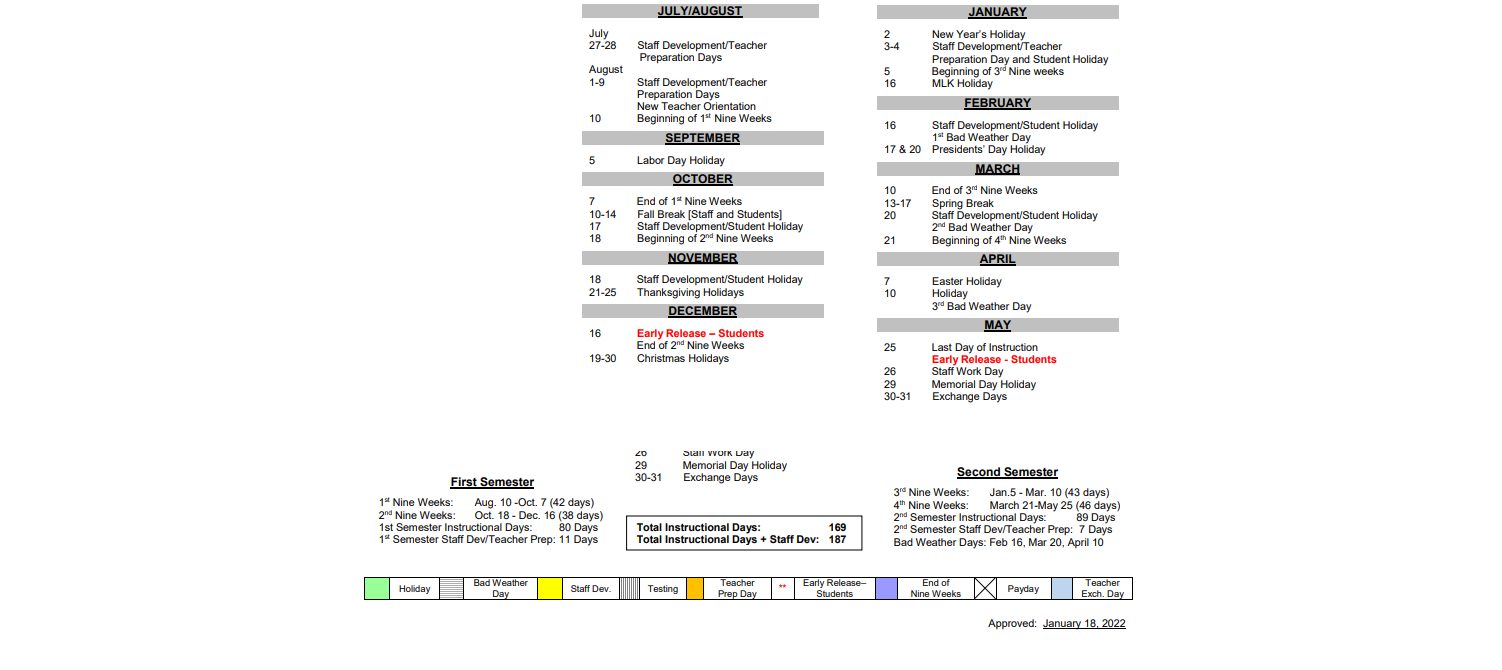 District School Academic Calendar Key for Eastside Int