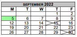 District School Academic Calendar for Eastside Int for September 2022