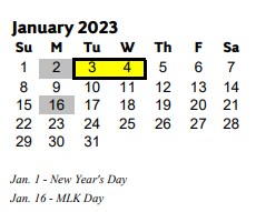 District School Academic Calendar for Baker Elementary School for January 2023