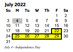 District School Academic Calendar for North Cobb High School for July 2022