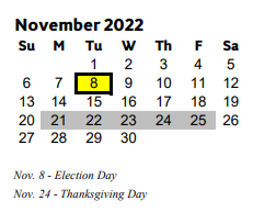District School Academic Calendar for Dodgen Middle School for November 2022